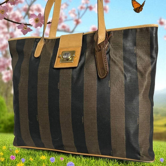 FENDI Hand Bag Tote Purse FF Pecan Authentic
