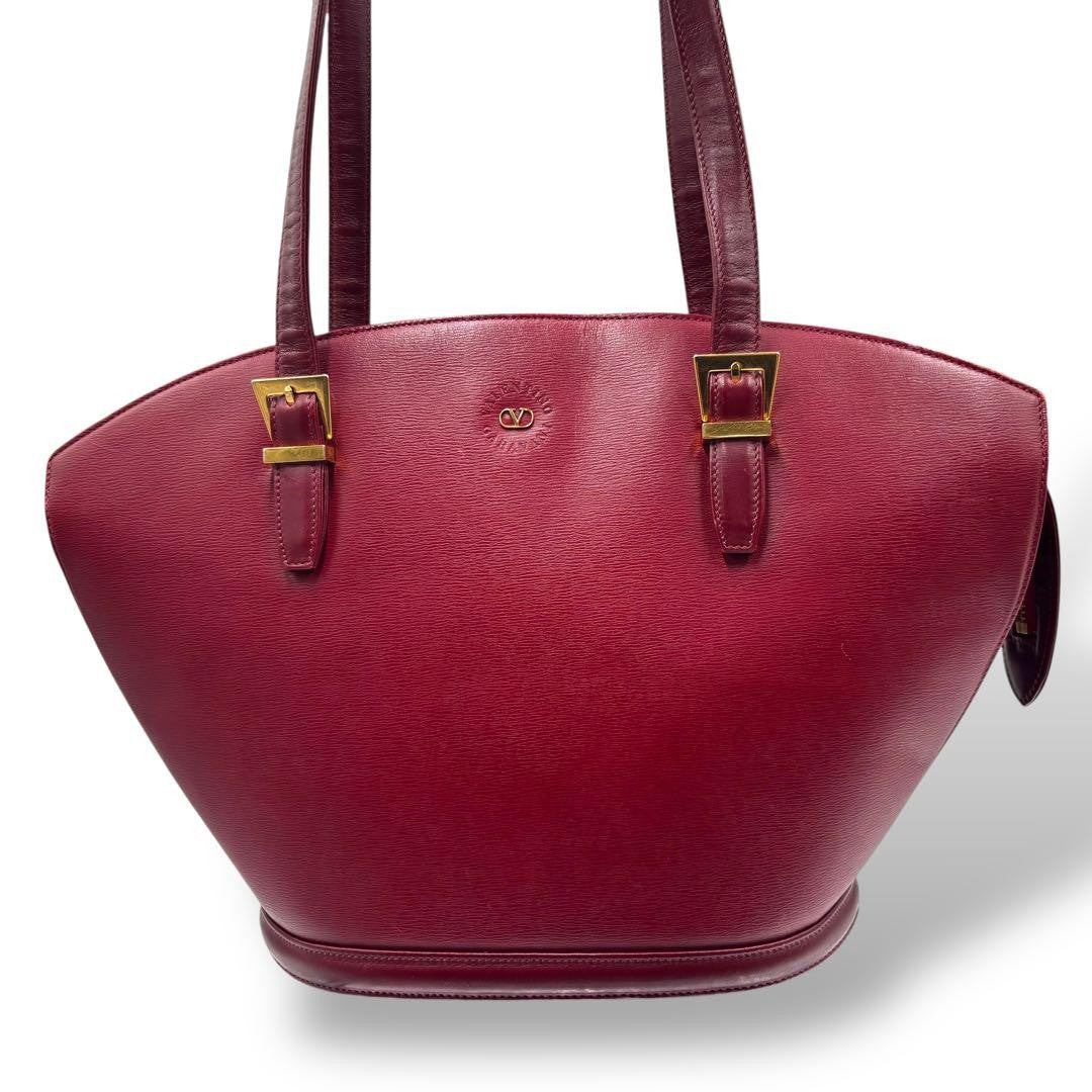 Valentino Garavani Hand Shoulder Bag Tote Purse Logo Leather Wine Red Authentic