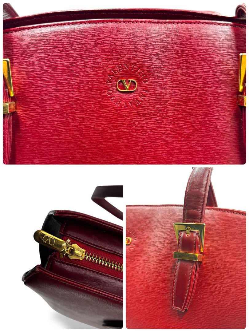 Valentino Garavani Hand Shoulder Bag Tote Purse Logo Leather Wine Red Authentic