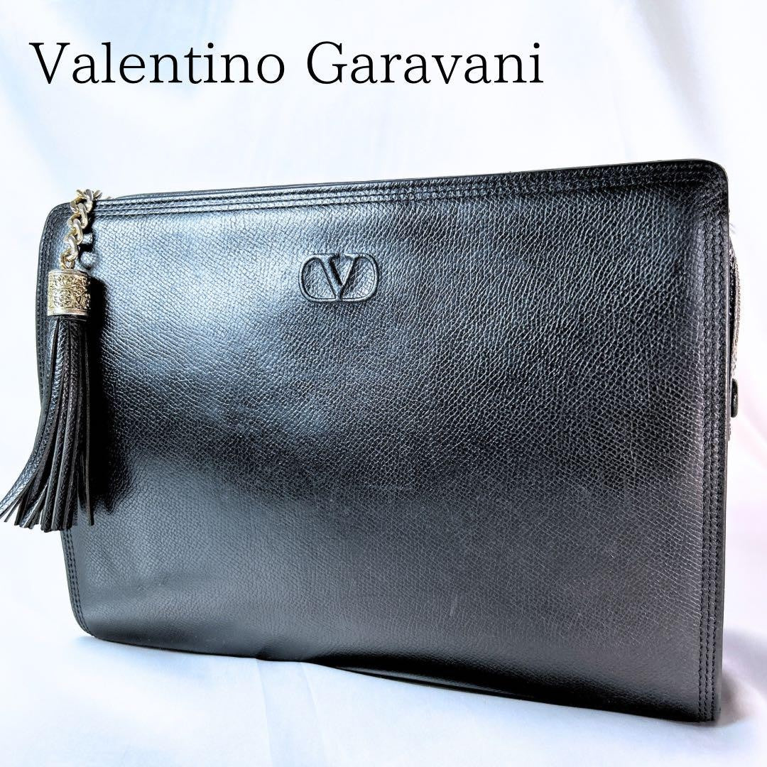 Valentino Garavani Clutch Bag Second Bag Logo Leather Black Authentic