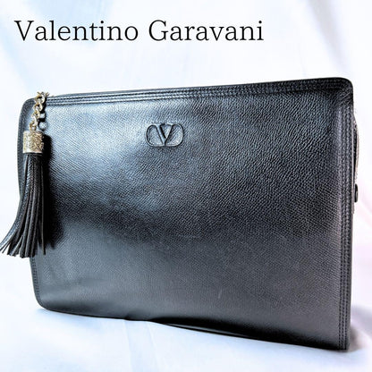 Valentino Garavani Clutch Bag Second Bag Logo Leather Black Authentic