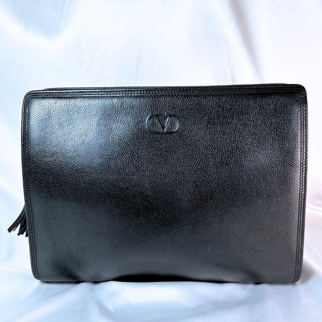 Valentino Garavani Clutch Bag Second Bag Logo Leather Black Authentic