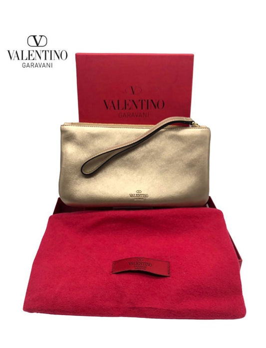 Valentino Garavani Accessory Pouch Hand Pouch Leather Gold Authentic