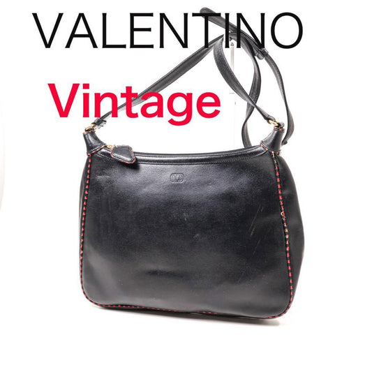 Valentino Shoulder Bag Purse Logo Leather Black Authentic