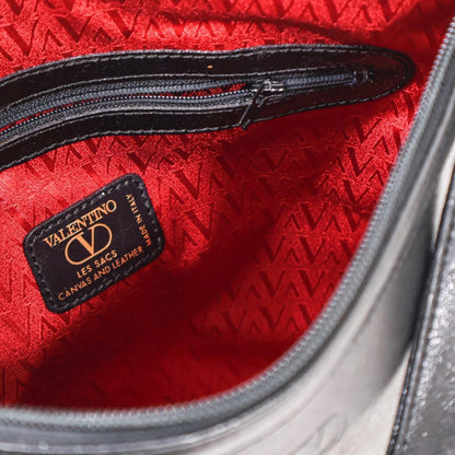 Valentino Shoulder Bag Purse Logo Leather Black Authentic