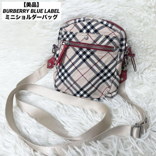 BURBERRY BLUE LABEL Shoulder Bag Purse Nova Check Nylon Leather Beige Red Auth