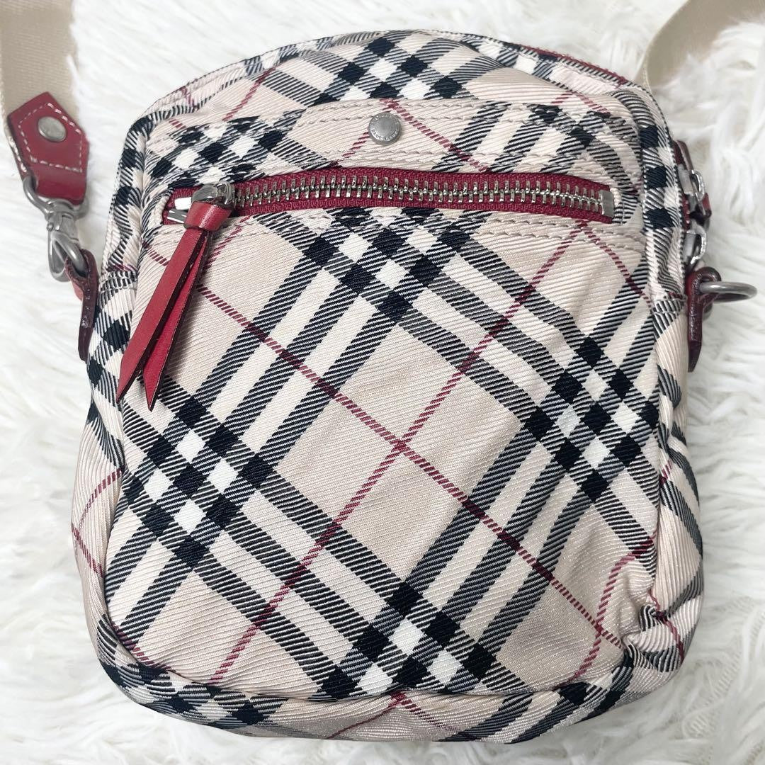 BURBERRY BLUE LABEL Shoulder Bag Purse Nova Check Nylon Leather Beige Red Auth