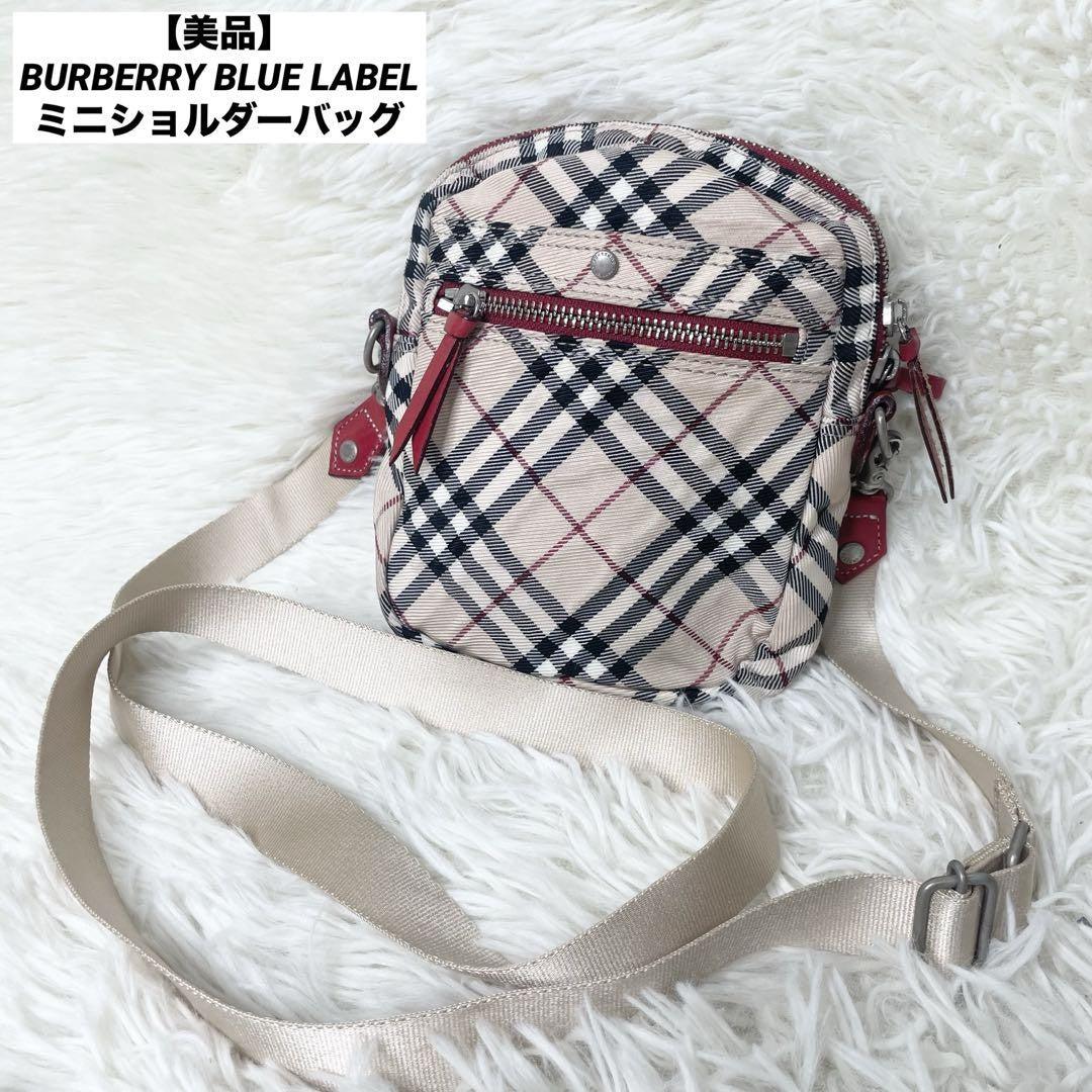 BURBERRY BLUE LABEL Shoulder Bag Purse Nova Check Nylon Leather Beige Red Auth