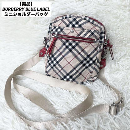 BURBERRY BLUE LABEL Shoulder Bag Purse Nova Check Nylon Leather Beige Red Auth