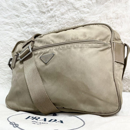 PRADA shoulder bag Purse Logo Beige Nylon Leather Women's Used Authentic