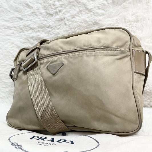 PRADA shoulder bag Purse Logo Beige Nylon Leather Women's Used Authentic