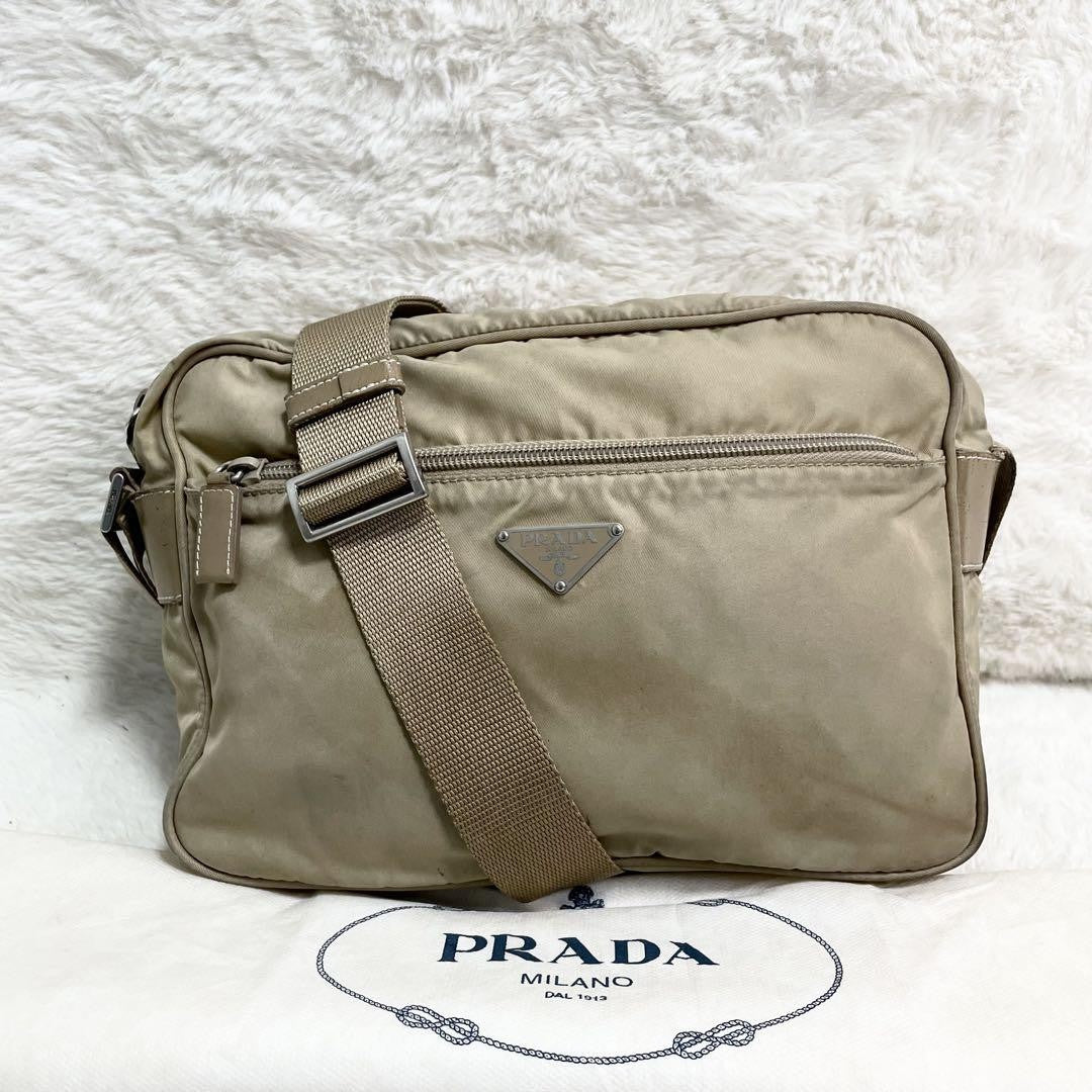 PRADA shoulder bag Purse Logo Beige Nylon Leather Women's Used Authentic
