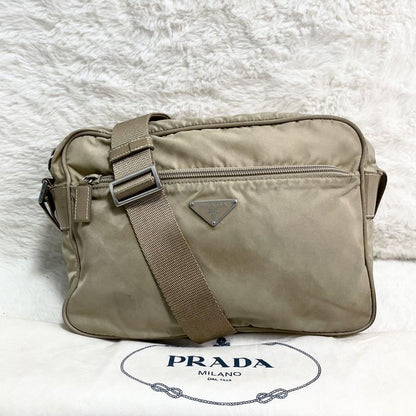 PRADA shoulder bag Purse Logo Beige Nylon Leather Women's Used Authentic
