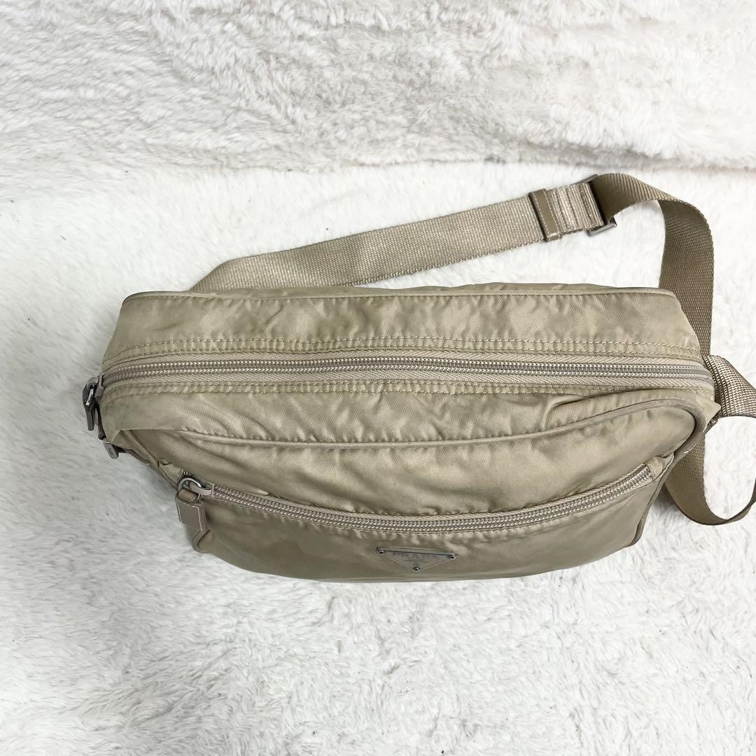 PRADA shoulder bag Purse Logo Beige Nylon Leather Women's Used Authentic
