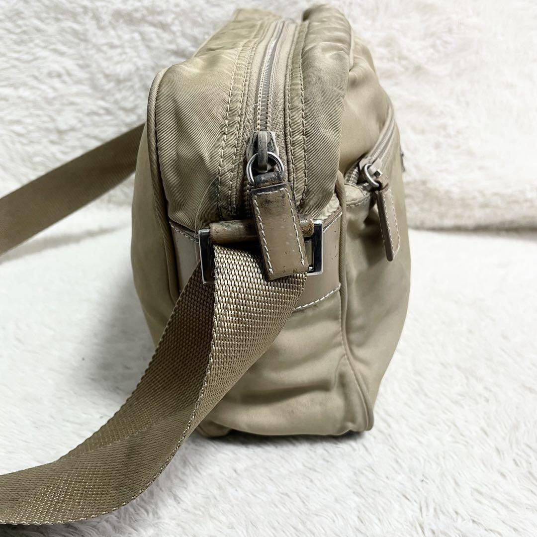 PRADA shoulder bag Purse Logo Beige Nylon Leather Women's Used Authentic