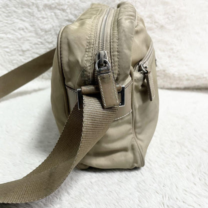 PRADA shoulder bag Purse Logo Beige Nylon Leather Women's Used Authentic