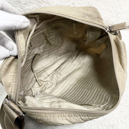 PRADA shoulder bag Purse Logo Beige Nylon Leather Women's Used Authentic