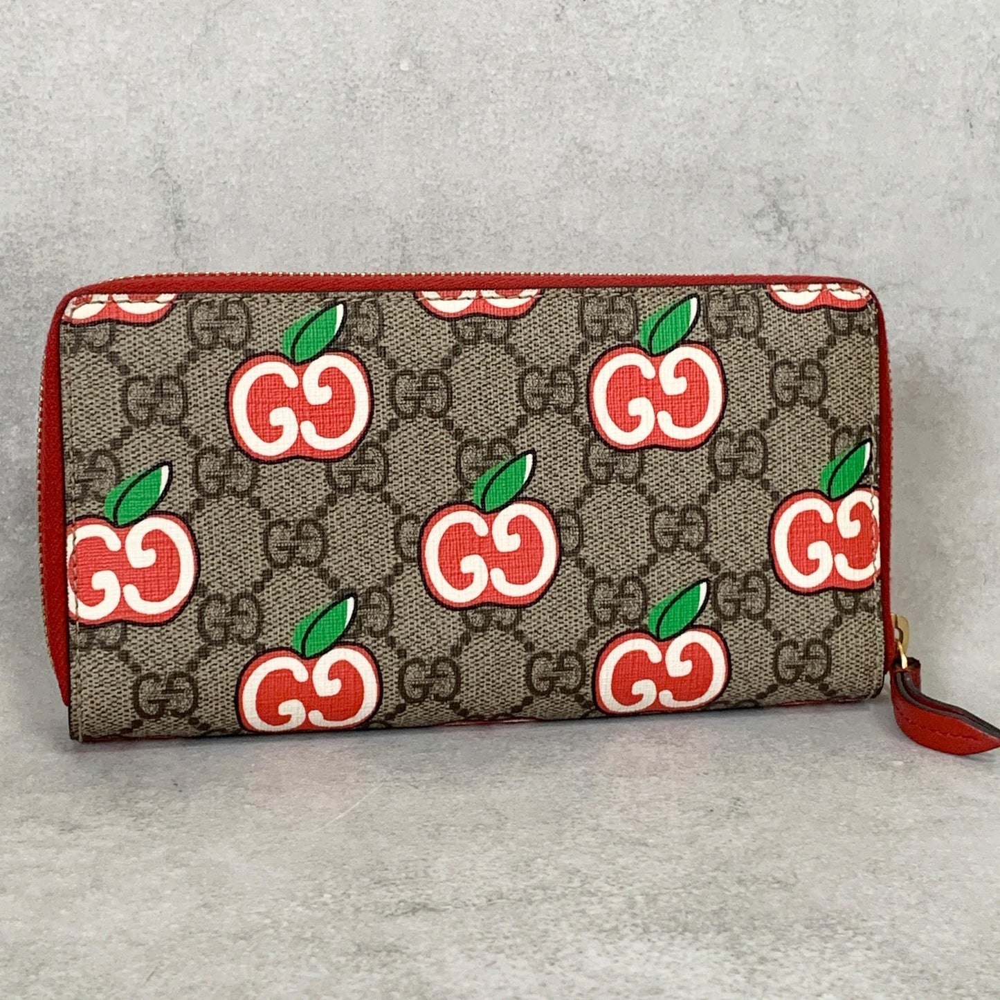 GUCCI Wallet Apple GG Supreme Round Zip Long Purse Leather Brown Red Used Auth