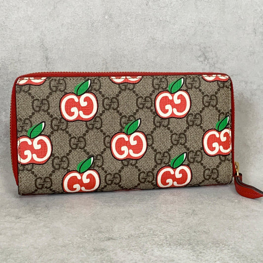 GUCCI Wallet Apple GG Supreme Round Zip Long Purse Leather Brown Red Used Auth