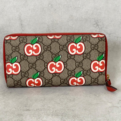 GUCCI Wallet Apple GG Supreme Round Zip Long Purse Leather Brown Red Used Auth