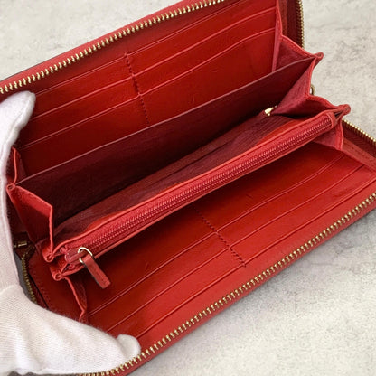 GUCCI Wallet Apple GG Supreme Round Zip Long Purse Leather Brown Red Used Auth