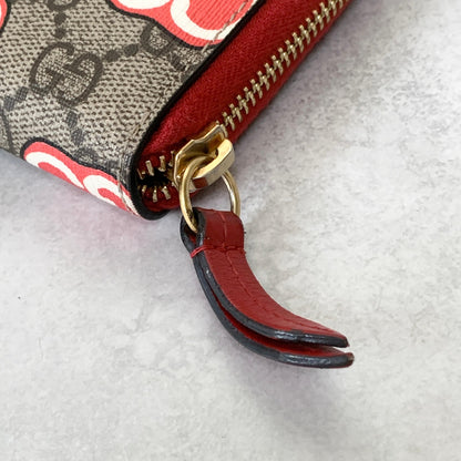 GUCCI Wallet Apple GG Supreme Round Zip Long Purse Leather Brown Red Used Auth
