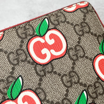GUCCI Wallet Apple GG Supreme Round Zip Long Purse Leather Brown Red Used Auth