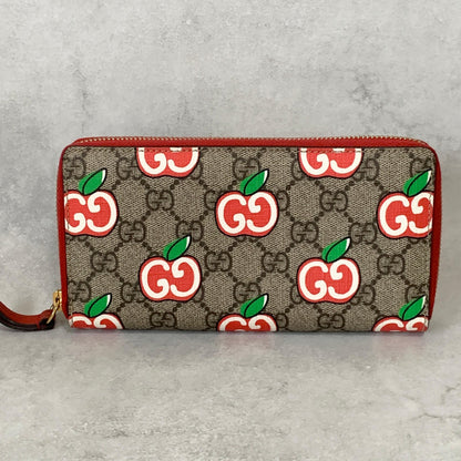 GUCCI Wallet Apple GG Supreme Round Zip Long Purse Leather Brown Red Used Auth