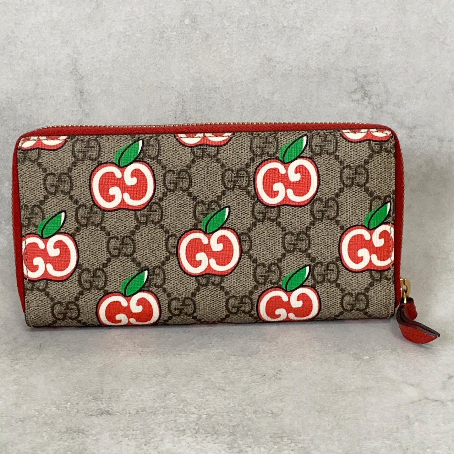 GUCCI Wallet Apple GG Supreme Round Zip Long Purse Leather Brown Red Used Auth