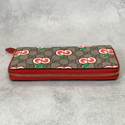 GUCCI Wallet Apple GG Supreme Round Zip Long Purse Leather Brown Red Used Auth