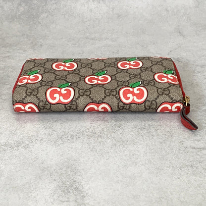 GUCCI Wallet Apple GG Supreme Round Zip Long Purse Leather Brown Red Used Auth