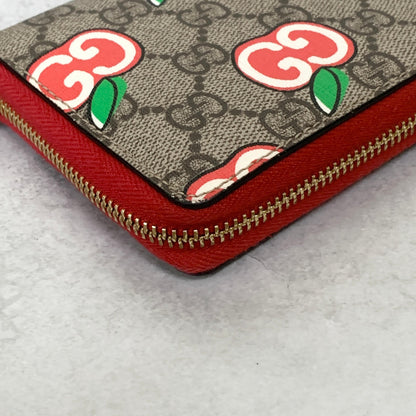 GUCCI Wallet Apple GG Supreme Round Zip Long Purse Leather Brown Red Used Auth