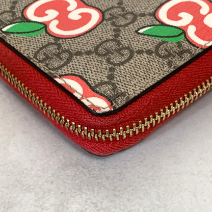 GUCCI Wallet Apple GG Supreme Round Zip Long Purse Leather Brown Red Used Auth