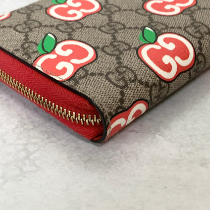 GUCCI Wallet Apple GG Supreme Round Zip Long Purse Leather Brown Red Used Auth