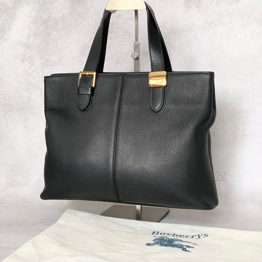 BURBERRY Bag Nova Check Hand Tote Purse Leather Black Gold Used Authentic