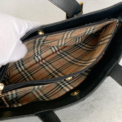 BURBERRY Bag Nova Check Hand Tote Purse Leather Black Gold Used Authentic