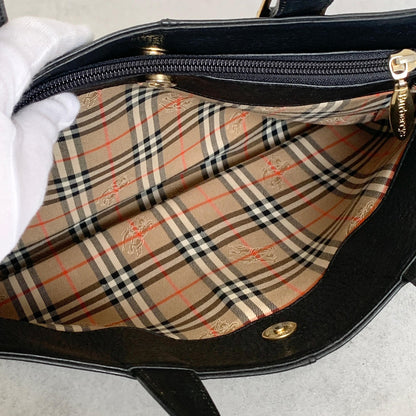 BURBERRY Bag Nova Check Hand Tote Purse Leather Black Gold Used Authentic