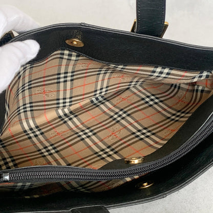 BURBERRY Bag Nova Check Hand Tote Purse Leather Black Gold Used Authentic
