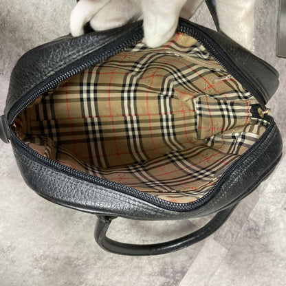 BURBERRYS Hand Bag Tote Purse Mini Boston Bag Nova Check Leather Black Authentic