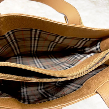BURBERRY Hand Bag Tote Purse Nova Check Leather Light Brown Authentic