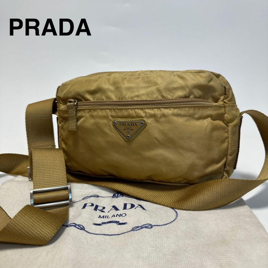 PRADA Shoulder Bag Purse Logo Nylon Leather Beige Authentic