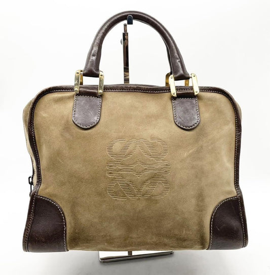 LOEWE Bag Amazona Hand Tote Purse Anagram Leather  Suede Beige Brown Authentic