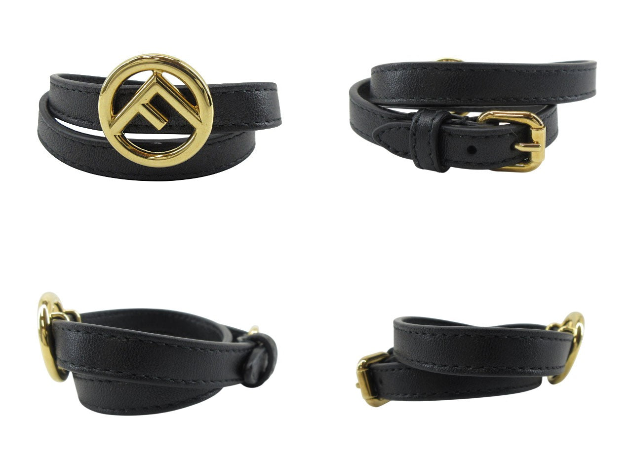 FENDI Bracelet Bangle Leather Gold Black Authentic