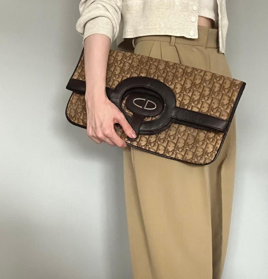 Christian Dior Trotter Clutch Bag CD Purse Handbag Canvas Brown Beige Auth Used