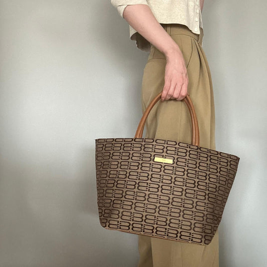 BALENCIAGA Bag BB Logo Hand Tote Purse Canvas Beige Gold Used Authentic