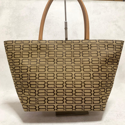 BALENCIAGA Bag BB Logo Hand Tote Purse Canvas Beige Gold Used Authentic