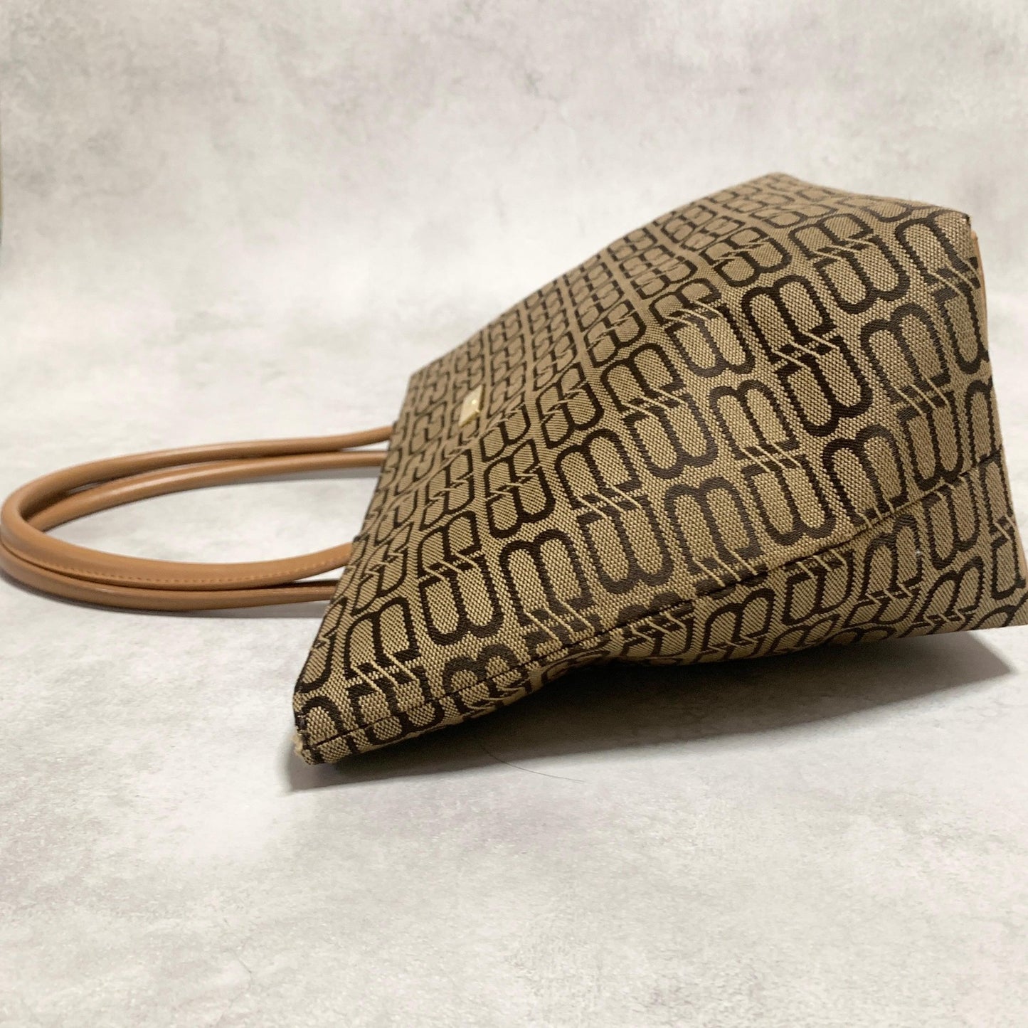 BALENCIAGA Bag BB Logo Hand Tote Purse Canvas Beige Gold Used Authentic