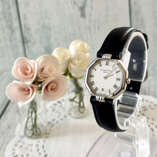Christian Dior Quartz Watch Wristwatch Logo White Silver Women's Authentic