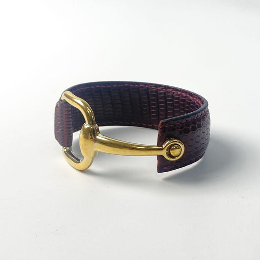 GUCCI Bracelet Bangle Horsebit Gold Bordeaux Leather Women Accessory Authentic