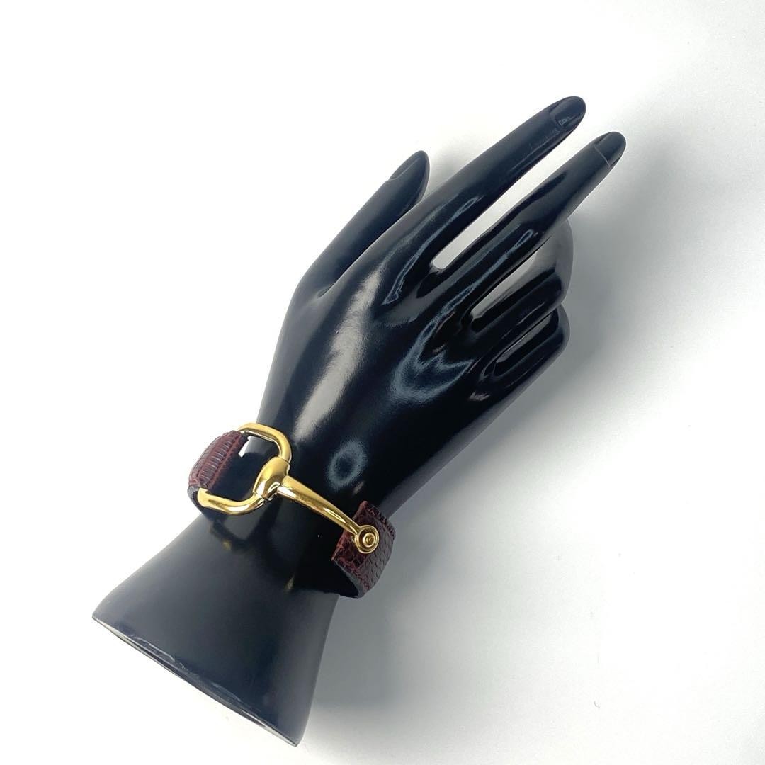 GUCCI Bracelet Bangle Horsebit Gold Bordeaux Leather Women Accessory Authentic